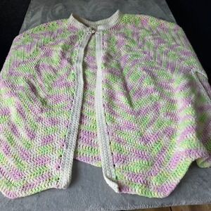 Hand Knit Crochet Sweater Poncho Women OS Green Pink Cottagecore Granny
